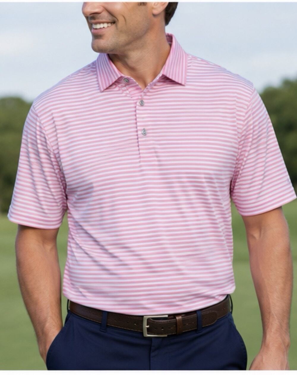 AndersonOrd Performance Golf Polo Men’s Large Pink Striped Shirt